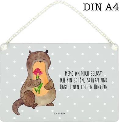 Produktbild von Mr. & Mrs. Panda Schild Otter Blumenstrauß DIN A4 - Grau Pastell - Geschenk, Holzschild, Positiv, Selbstvertrauen, Achtsamkeit, holzbild, Türschild, Wandbild Holz, Süß