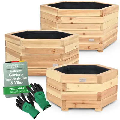 Produktbild von holz4home® 3er SetOutdoor Pflanzkübel  I 6-Eckig aus Tannenholz inkl. Gartenhandschuhe & Vlies I Blumentopf Terrasse Holz I Pflanzkasten Pflanzenkübel