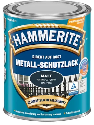 Produktbild von Hammerite Metall-Schutzlack Matt, Fertig gemischt, Zaun, Möbel, Heizkörper, Treppe, Fenster, Eisen, Nicht-eisenhaltiges Metall, Matte Oberfläche, Grau, 10 m²/L, Anthrazitgrau