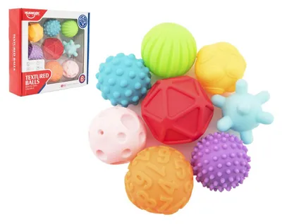 Immagine prodotto di 8 palline sensoriali in gomma, con texture, diametro 6-7 cm, confezionate in una scatola di 29x26x7 cm. Adatte a bambini dai 6 mesi in su