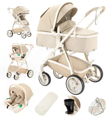 Produktbild von Kinderwagen 3 in 1 - Kombikinderwagen mit Babywanne und Babyschale - Hohe Sitzposition - Klappbarer Reisebuggy - Kunstleder - Für geborene bis 20 kg - Khaki