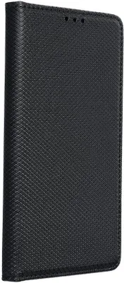 A black flip case for a smartphone, shown closed and standing upright.