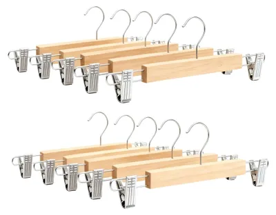Image de Cintres à pantalons en bois, lot de 10, crochet pivotant, pinces réglables
