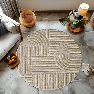 Produktbild von Homebyhome Hochflor Teppich Wohnzimmer Skandinavische Boho Design 3D Optik Teppich Shaggy Flauschig Weich, Grösse: 80 cm Rund