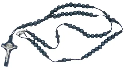 Blauer Holz-Rosenkranz, 50+9 Perlen, mit Kreuz & Medaille