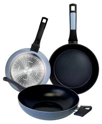 Produktbild von Set aus 2 Pfannen Ø 20 x 26 cm und Wok Ø 30 cm aus gepresstem Aluminium, Noia-Blau