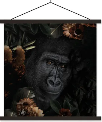 Produktbild von MuchoWow® Textilposter Affe - Tiere - Blumen - Schwarz 90x90 cm mit schwarzem Rahmen - Magnetisches