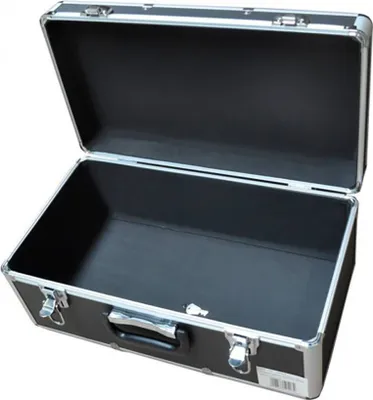An open black transport case with silver trim and latches, shown against a white background.