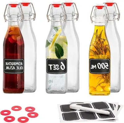 Produktbild von Gläserne Flaschen Set 4er Design 500ml 6er Pack inkl. Verschlusskappen und Etiketten für Öl Essig Säfte Limonade.