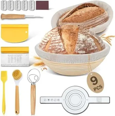 Produktbild von BEWOS 9-teiliges Gärkörbchen für Brot, 25 Cm Gärkorb Oval und 23 Cm Gärkorb Rund, aus Naturrattan, mit Bürste, Der Schaber und Leinenbezug, Für die Gärung von Teig