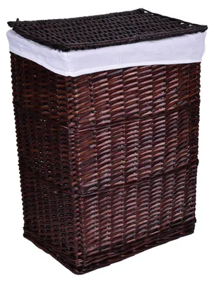 A brown wicker laundry basket with a white liner and lid.