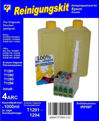 Produktbild von IRP867 - T129 - Dr.Inkjet Druckkopfreinigungspatronen Clean-Multipack mit 1000ml Dr. Inkjet Druckkopfreiniger - einsetzbar für T1291, T1292, T1293, T1294