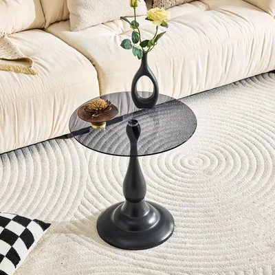 Image de Table d'appoint ronde, en verre, avec plateau trempé, base stable, compacte, table de salon (noire)