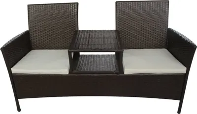 A brown rattan sofa with white cushions and a central table, isolated on a white background.