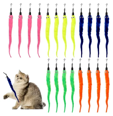 Produktbild von Katzenspielzeug Angel Set mit 20 Teilen – Bunte Zauberwürmer mit Glocke als Ersatzanhänger – Interaktives Plüschspielzeug für Kätzchen zur Förderung von Training und Bewegung