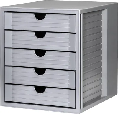 Produktbild von HAN Schubladenbox SYSTEMBOX KARMA mind. 80% Recycling-Kunststoff mit 5 geschlossenen Schubladen, Schreibtisch oder im Schrank, inkl. Auszugsperre + Beschriftungsclip, Gummifüße, 14508-18, lichtgrau