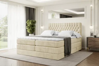 Produktbild von ALTDECOR Boxspringbett mit 2 Matratzen und Topper - 140x200 cm - SERENE KING - Beige Samt - Polsterbett mit, H3- und H4- Matratzen, Bettkasten und Lattenrost, Bett mit Stauraum