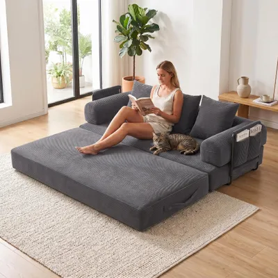 Produktbild von LVHOM Klappbares Schlafsofa aus Cordstoff, Modulares Tagesbett mit Metallgestell, Klappsofa Bodensofa mit Stauraum, 300kg Belastbarkeit, Dunkelgrau