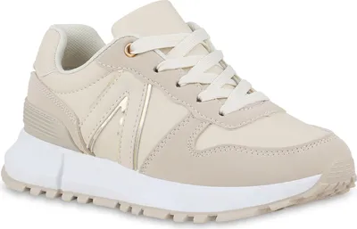 Produktbild von VAN HILL Damen Plateau Sneaker Schnürer Metallic Profil-Sohle Sport-Schuhe 841658, Farbe: Beige, Größe: 39