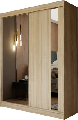 Produktbild von Masseno Schiebetürenschrank GRAZIA 150 cm Kleiderschrank Schlafzimmer Schrank 2-türig mit Spiegel Sonoma Eiche