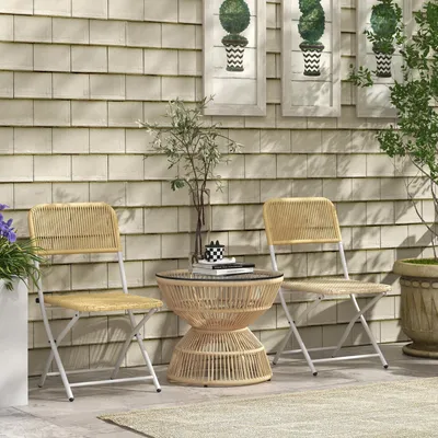 Produktbild von Gartentisch Boho PE-Rattan, Beistelltisch Outdoor Glastisch, Polyrattan Metallrahmen, Naturholz | 60 x 60 x 50 cm | Hartglas | wetterfest