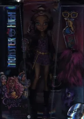 A Monster High doll, Clawdeen Wolf, is displayed in her original packaging. The packaging is dark and features the Monster High logo and artwork of other characters.