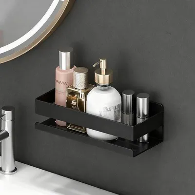 Image de Étagère de douche Unyqoos® en acier inoxydable 304, noire, adhésive ou à percer, avec crochets et rebord de 8 cm de hauteur