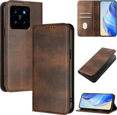 Image de Etui pour Xiaomi 14, étui en cuir vintage avec protection RFID, fentes pour cartes, support Marron