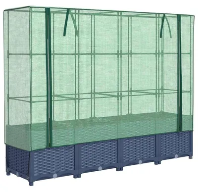 Zdjęcie produktu dla Podwyższony skrzynka na rośliny z szklarnią i wyglądem rattanu 160x40x138 cm