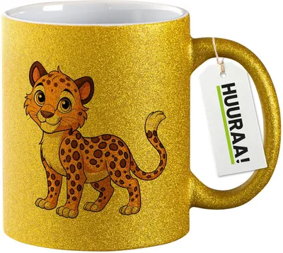Produktbild von Huuraa Glitzertasse Leopard Comic 330ml Gold Keramik Kaffeebecher Geschenkidee