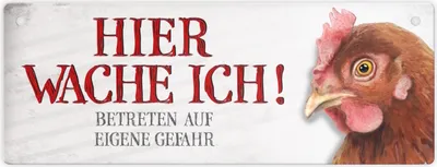 Produktbild von Metallschild mit Huhn Motiv und Spruch: Betreten auf eigene Gefahr ... Schild
