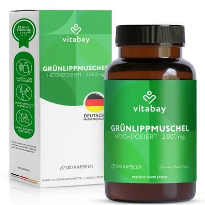 Produktbild von Vitabay Grünlippmuschelextrakt 2000mg Hochdosiert - 300 Grünlippmuschel Kapseln mit hoher Bioverfügbarkeit - Green lipped mussel capsules Labor & ohne unerwünschte Zusätze