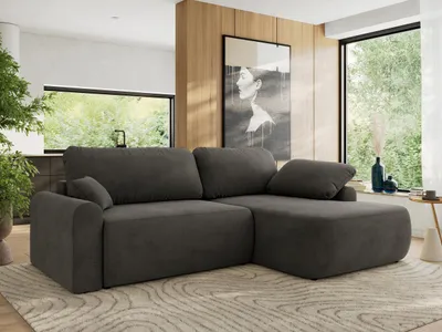 Produktbild von MKS MEBLE Ecksofa CUBO L-form, lose Kissen, Ecksofa 273x187x100 cm mit Schlaffunktion, Bettkasten - Dunkelgrau Velvet - Rechts Seite