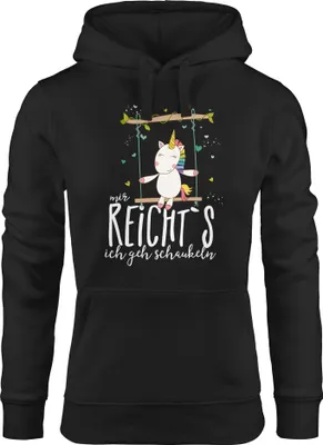 Produktbild von Damen Kapuzen-Pullover Hoodie Einhorn auf Schaukel Mir reicht`s ich geh schaukeln Spruch Moonworks® schwarz L
