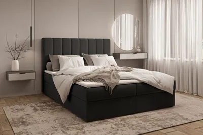 Produktbild von Kontinentalbett aus Samt, Polsterbett, Boxspringbett, dekorativem Kopfteil Doppelbett mit Bonell-Matratze, Topper und Bettkasten (gepolstertes Kopfteil, Boxspring) Boxspringbett Bett 01 –160x200 - Trinity 16 - Schwarz