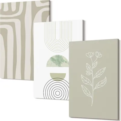 Produktbild von Leinwandbilder – Wandbilder – Leinwandbild – Canvas Bild – Polycanvas – Kunstdruck –  – Modern – Aufhängefertig – Mehrteilig – 3-Teilig – 40x60 Cm Pro Bild - Geometrische Muster mit Pflanzenakzenten in Grüntönen