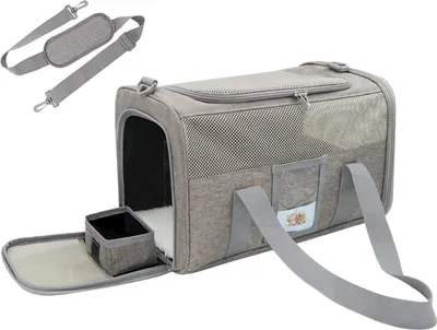 Produktbild von Transporttasche für mittelgroße Katzen, kleine Hunde, Haustiere bis 6 kg / 13 lbs, inklusive Napf und Schultergurt, für Tierarztbesuche und Reisen, fluglinienzugelassen (grau, mittelgroß)