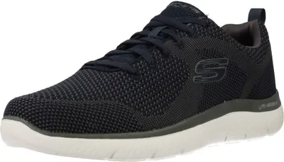 A single navy blue Skechers shoe is shown from a side angle against a white background.