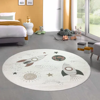 Zdjęcie produktu dla Dywan dziecięcy Adventurous statki kosmiczne planety gwiazdy w kolorze kremowo-szaro-beżowym rozmiar - 120 cm okrągły