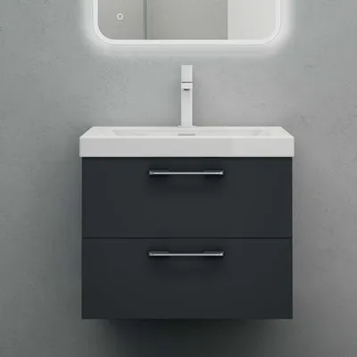 Image de doporro Meuble de Salle de Bains Gris Noir Mat Ensemble de 2 Pièces Meuble sous Vasque Suspendu avec Lavabo 60cm 2 Tiroirs Design Bavaria