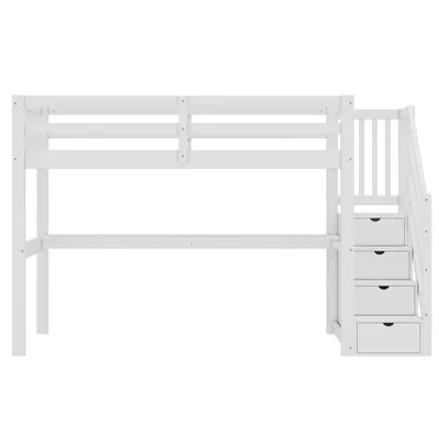 Produktbild von Flieks Etagenbett 90×200cm mit Treppe und Schreibtisch, Hochbett Jugendbett mit Lattenrost, Kinderbett mit Rausfallschutz, Massivholzbett, Weiß