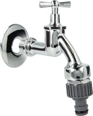 Produktbild von tecuro Auslaufventil 1/2 Zoll, Knebeloberteil, Rohrbelüfter DVGW, Steckkupplung, Wandrosette, Dichtband - Messing hochglanzverchromt