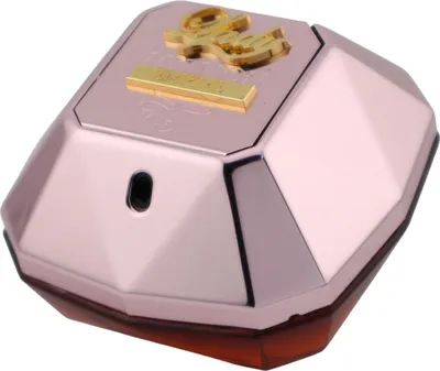 A close-up, angled view of a pink, diamond-shaped perfume bottle with gold accents.