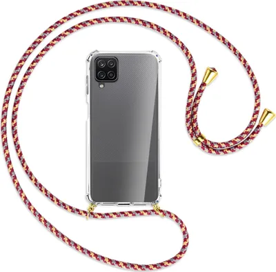 Produktbild von Handykette Backcover-Schutzhülle mit Band (Metall goldfarben) für Samsung Galaxy A12 - weinrot/gelb/grau