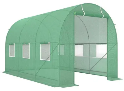Produktbild von Tunnelgewächshaus - Gartengewächshaus - 3,5 x 2 x 2 m - PE-Folie und Metallrahmen - 6 Fenster - Hochrollbare Tür - Grün