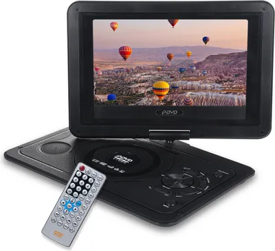 A portable DVD player is shown open, with the screen displaying a scenic view of hot air balloons over a landscape. A remote control is placed in front of the player.