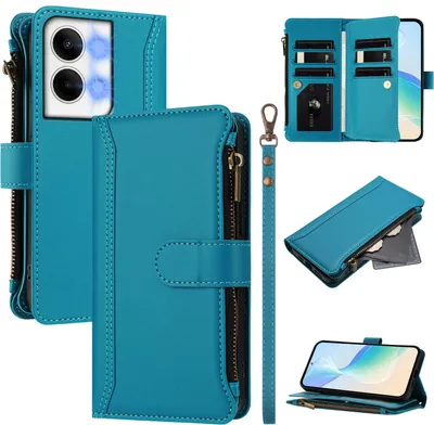 Image de Etui pour Oppo Reno9/Reno9 Pro, zippé, étui portefeuille en cuirPolyuréthaneavec poches pour cartes, support et dragonne Lake blue