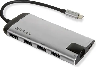 A silver USB-C adapter with multiple ports, including HDMI and USB 3.0, is shown against a white background.