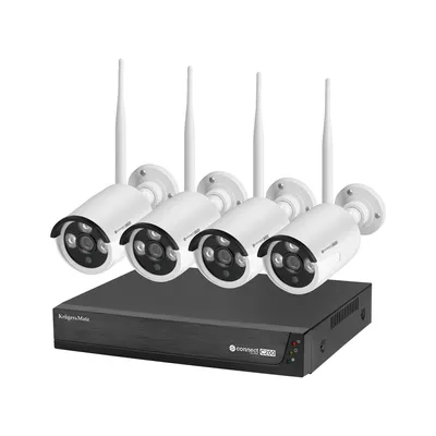 A set of four white security cameras and a black DVR unit are displayed against a white background.