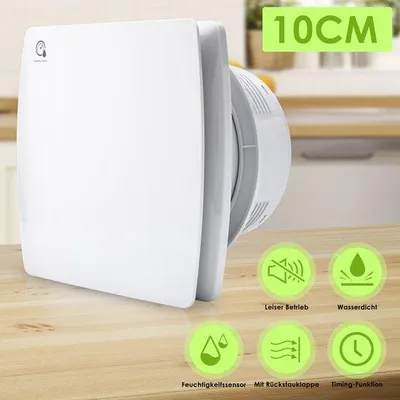 Obrázek produktu pro Tichý ventilátor do koupelny, Ø 100 mm, se senzorem vlhkosti a časovačem, bílý